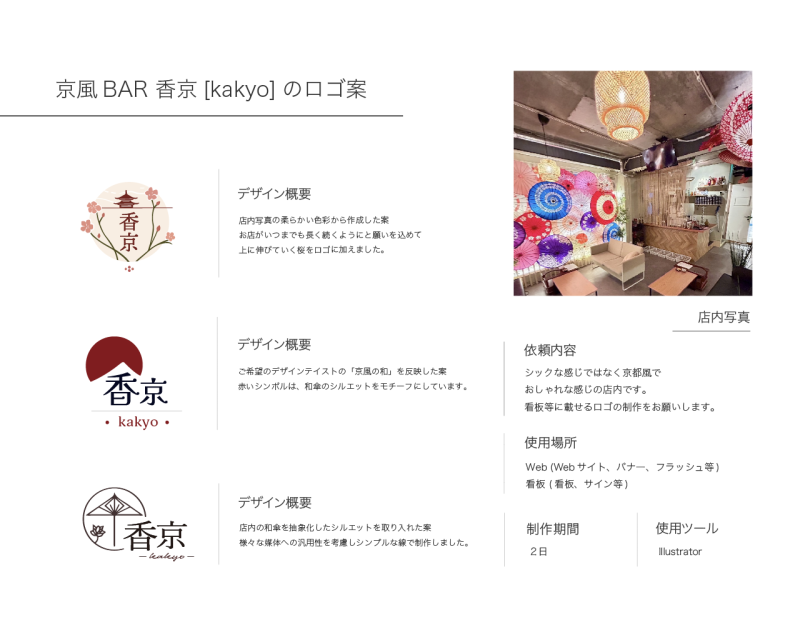 スタッフ様や社内共有がスムーズに進むよう、資料によるご提案も承ります。


ーーーーーー　ロゴ制作について　ーーーーーーーーーー

・シンプルで心に残りやすく、長く使える汎用性があるデザインから、細かい線のデザイン、心がホッと和らぐテイストのデザイン制作が可能です。

・お客様の使用用途に合ったデザインのご提案をさせていただきます。

・ご希望ございましたら、ロゴのご提案とともに使用用途に合わせたモックアップ（ロゴの使用イメージ）の制作も可能です。



□ 納期目安：１週間前後

□ 使用ツール：Illustrator、Photoshop

□ 納品ファイル：Ai、jpeg、png、pdfファイル



・他の納品ファイルや特別なご要望がございましたら、お気軽にご相談下さい。