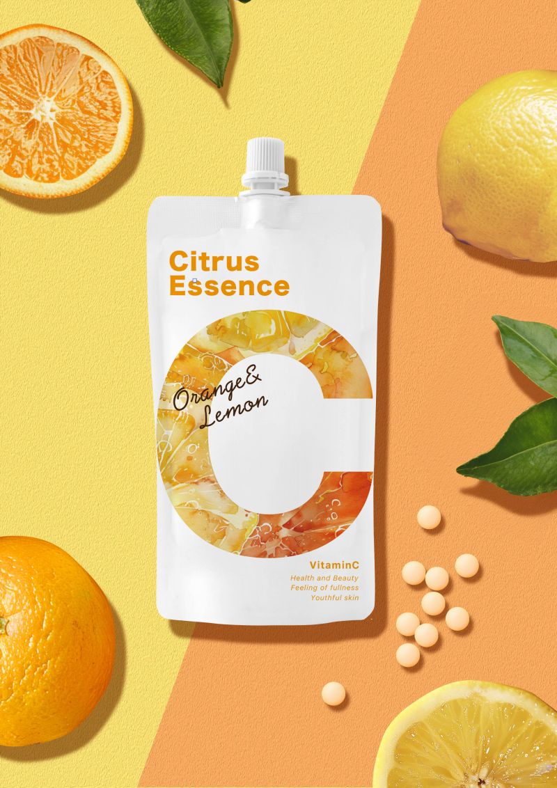 ビタミンC配合のサプリメントのパウチパッケージデザインです。
ひと目見るだけで元気になれそうなイメージで制作しました。

